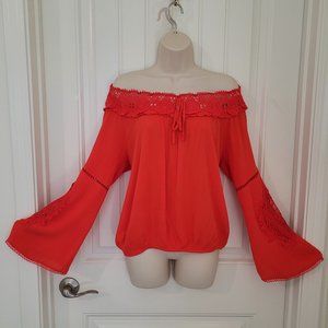 Guess Woman's Coral Crochet Off the Shoulder Boho Bell Sleeves Top Size M